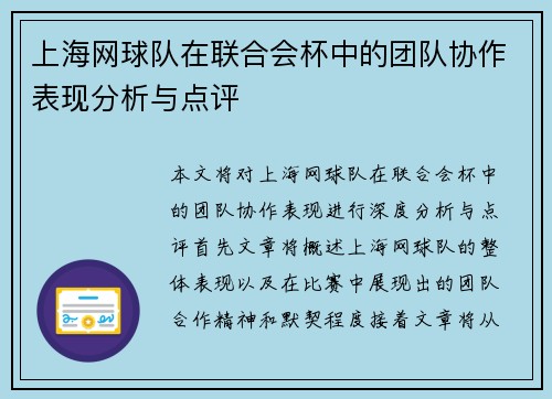 上海网球队在联合会杯中的团队协作表现分析与点评